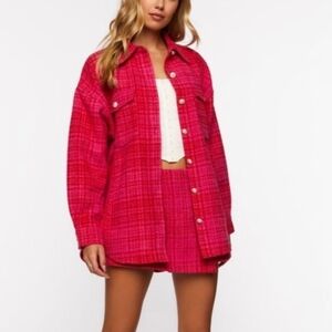 Forever 21 Vibrant Pink Plaid Oversized Faux Pearl Diamond Blazer Jacket Medium
